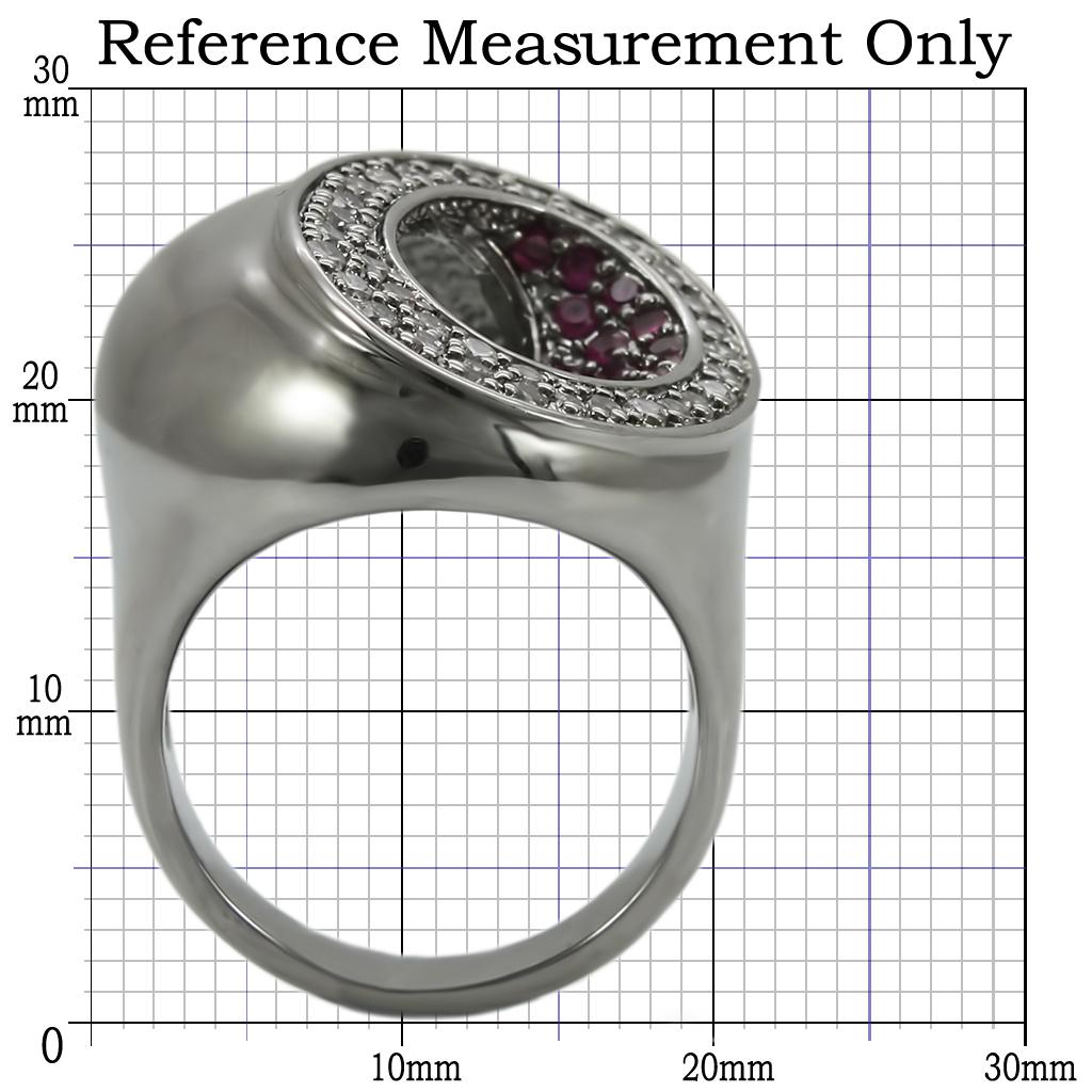 Alamode Ruthenium Brass Ring with synthetic garnet in ruby setting, showcasing a detailed design and vibrant gemstone.
