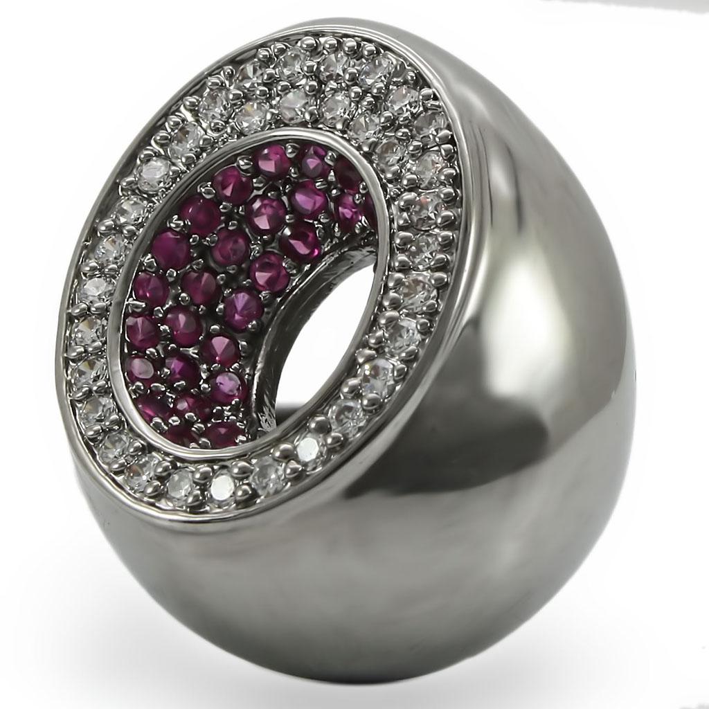 Alamode 0W304 Ruthenium Brass Ring featuring a synthetic garnet in a vibrant ruby color and intricate band details.