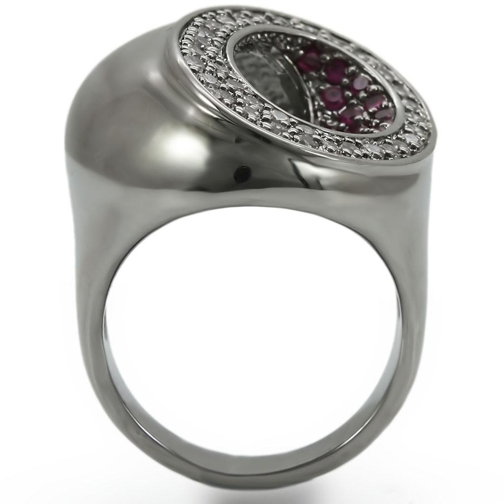 Alamode Ruthenium Brass Ring with synthetic garnet in ruby setting, showcasing intricate design and vibrant gemstone detail.