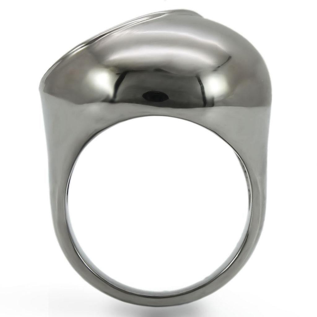 Alamode Ruthenium Brass Ring featuring a synthetic garnet in ruby color, showcasing a polished band and detailed gemstone setting.