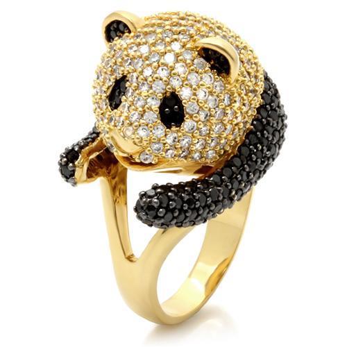 Alamode 0W182 gold and ruthenium brass ring with AAA grade jet CZ gemstone, showcasing a sleek, polished jewelry design.