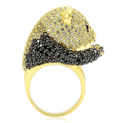 Alamode 0W182 gold and ruthenium brass ring with AAA grade jet CZ gemstone, showcasing a sleek and elegant jewelry design.