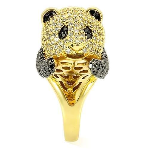 Alamode 0W182 gold and ruthenium brass ring with AAA grade jet CZ gemstone, showcasing intricate design and polished finish.