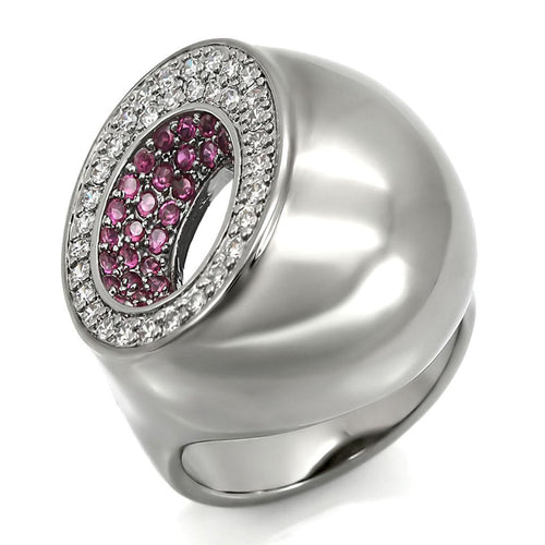 Alamode 0W304 Ruthenium brass ring featuring a synthetic garnet in a ruby color, showcasing a detailed band with a polished finish.