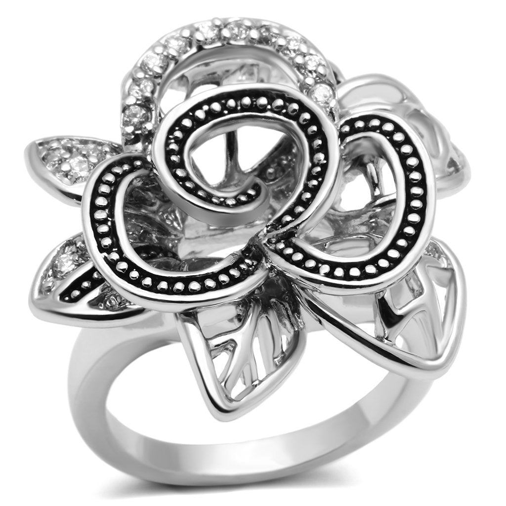 Alamode rhodium brass ring featuring a large AAA grade clear cubic zirconia gemstone.