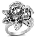 Alamode rhodium brass ring featuring a large AAA grade clear cubic zirconia gemstone.