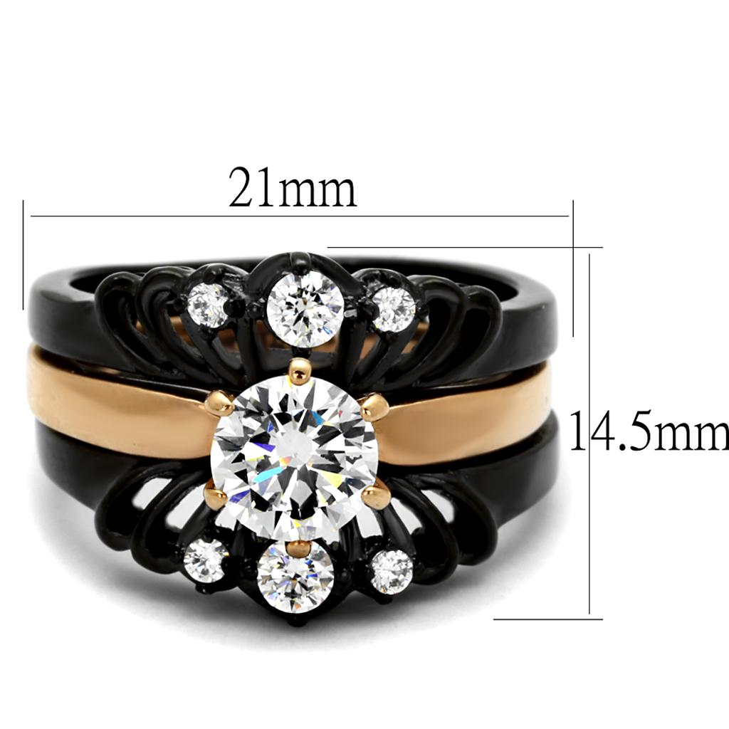 Alamode TK2189 stainless steel ring featuring IP rose gold and black ion plating with AAA grade clear CZ stones.