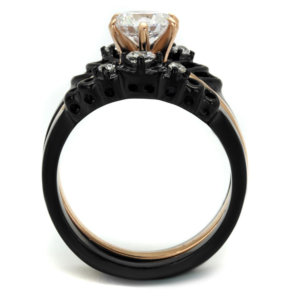 Alamode TK2189 stainless steel ring with rose gold and black ion plating, featuring clear AAA grade CZ stones on a sleek design.