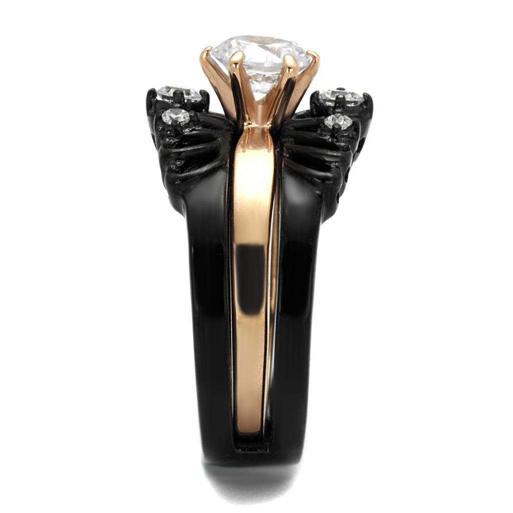 Alamode TK2189 stainless steel ring with rose gold and black ion plating, featuring clear AAA-grade CZ stones.