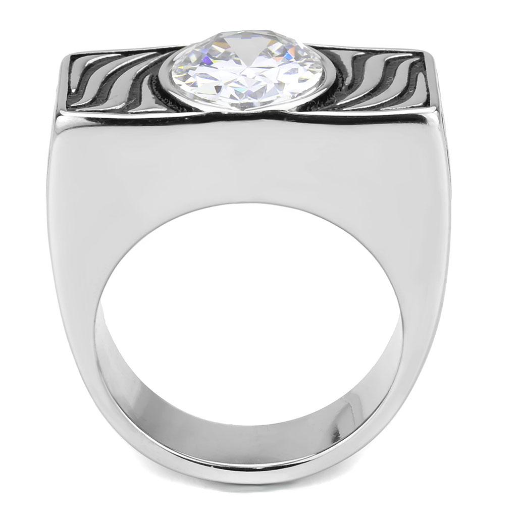 Alamode TK3620 high-polished stainless steel ring with AAA grade clear CZ gemstone, showcasing a sleek, reflective finish.