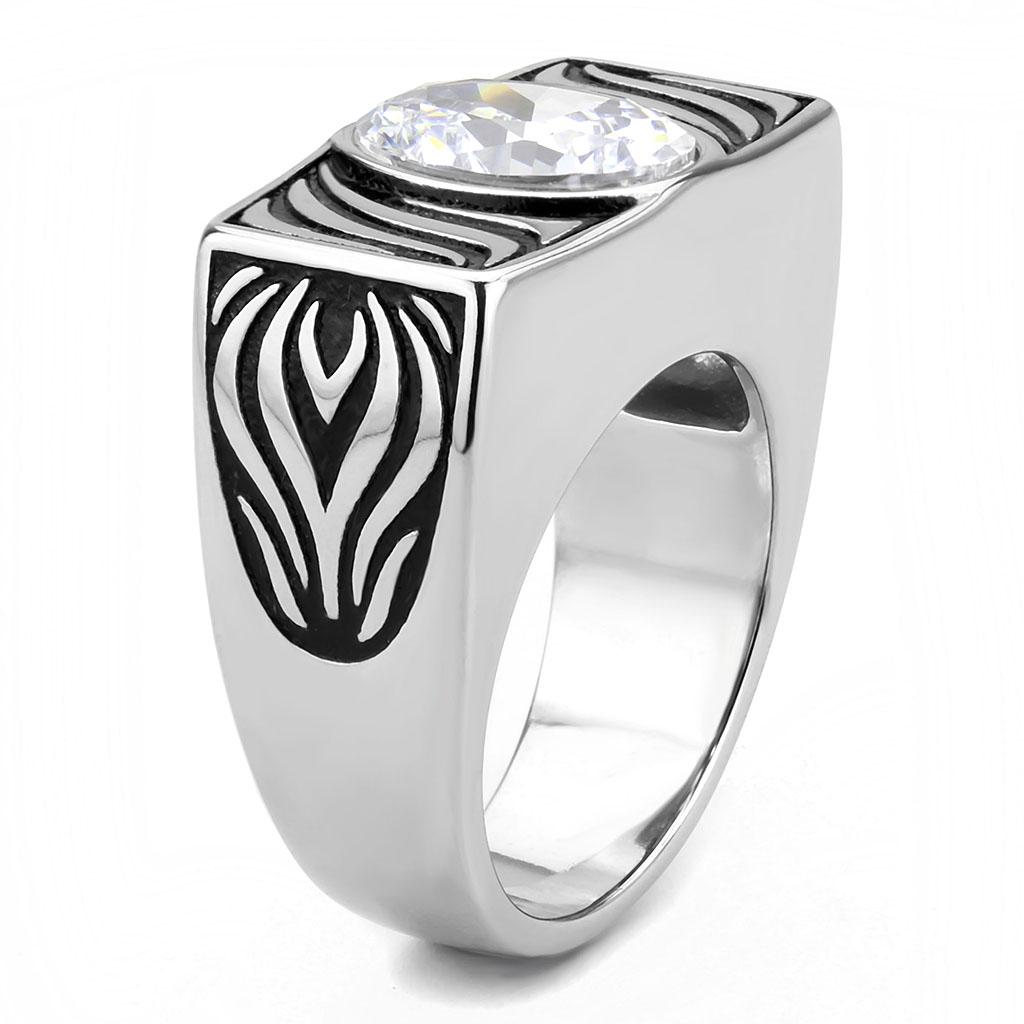 Alamode TK3620 stainless steel ring with high polish finish and clear AAA grade cubic zirconia gemstone.