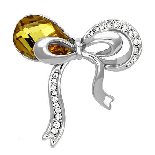 Alamode LO2846 imitation rhodium white metal brooch with synthetic glass bead in topaz, featuring intricate detailing and a polished finish.
