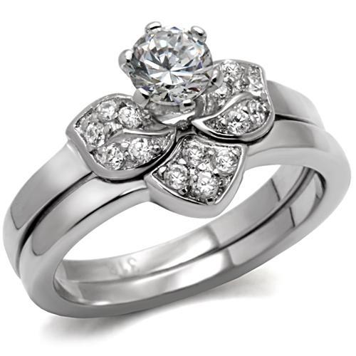 Alamode TK099 stainless steel ring with high polish finish and clear AAA grade cubic zirconia, showcasing a sleek, modern design.