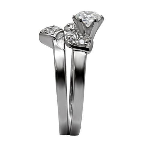 Alamode TK099 stainless steel ring with high polish finish and AAA grade clear cubic zirconia gemstone.