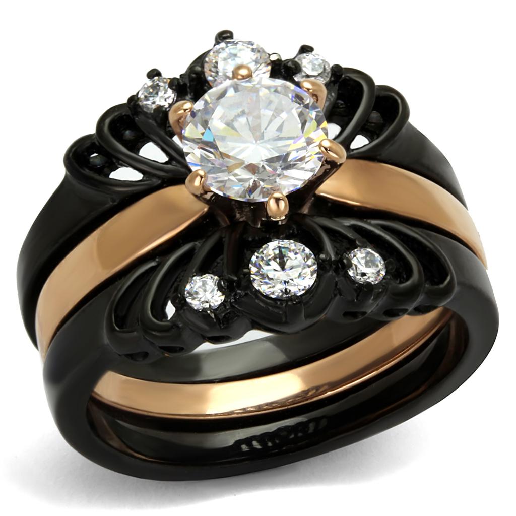 Alamode TK2189 stainless steel ring with IP rose gold and black ion plating, featuring AAA grade clear CZ gemstone.