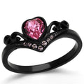 Alamode TK2192 stainless steel ring with black ion plating and rose-colored top grade crystal, featuring a sleek, polished design.