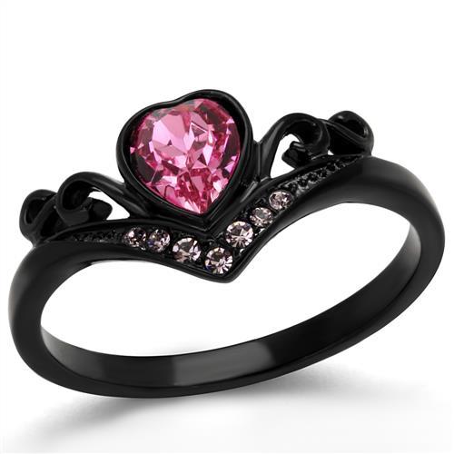 Alamode TK2192 stainless steel ring with black ion plating and rose top-grade crystal, showcasing a sleek design and polished finish.