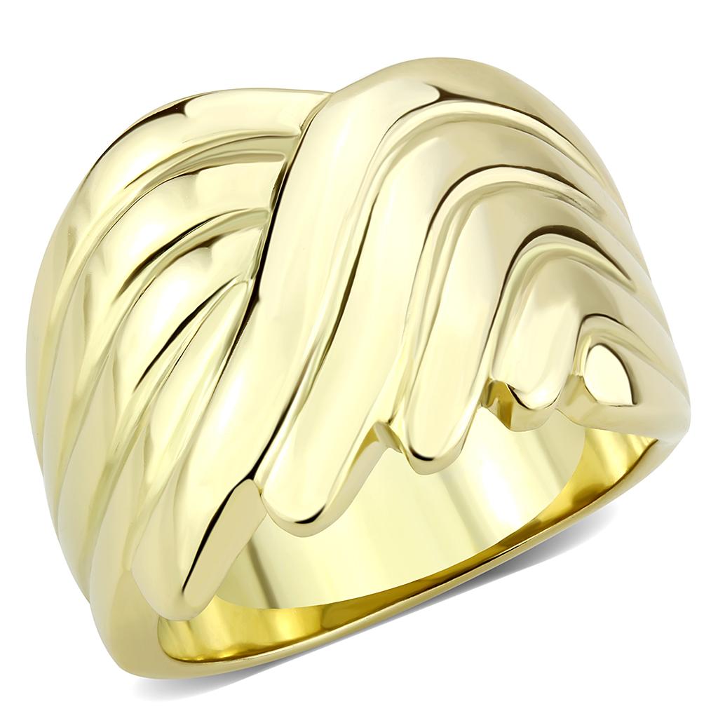 Alamode TK3576 stainless steel ring with IP gold ion plating, sleek band with no stone, showcasing shiny gold finish and modern design.