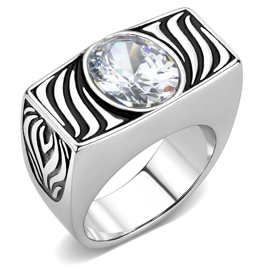 Alamode TK3620 high-polished stainless steel ring with clear AAA grade cubic zirconia, showcasing a sleek, shiny design.