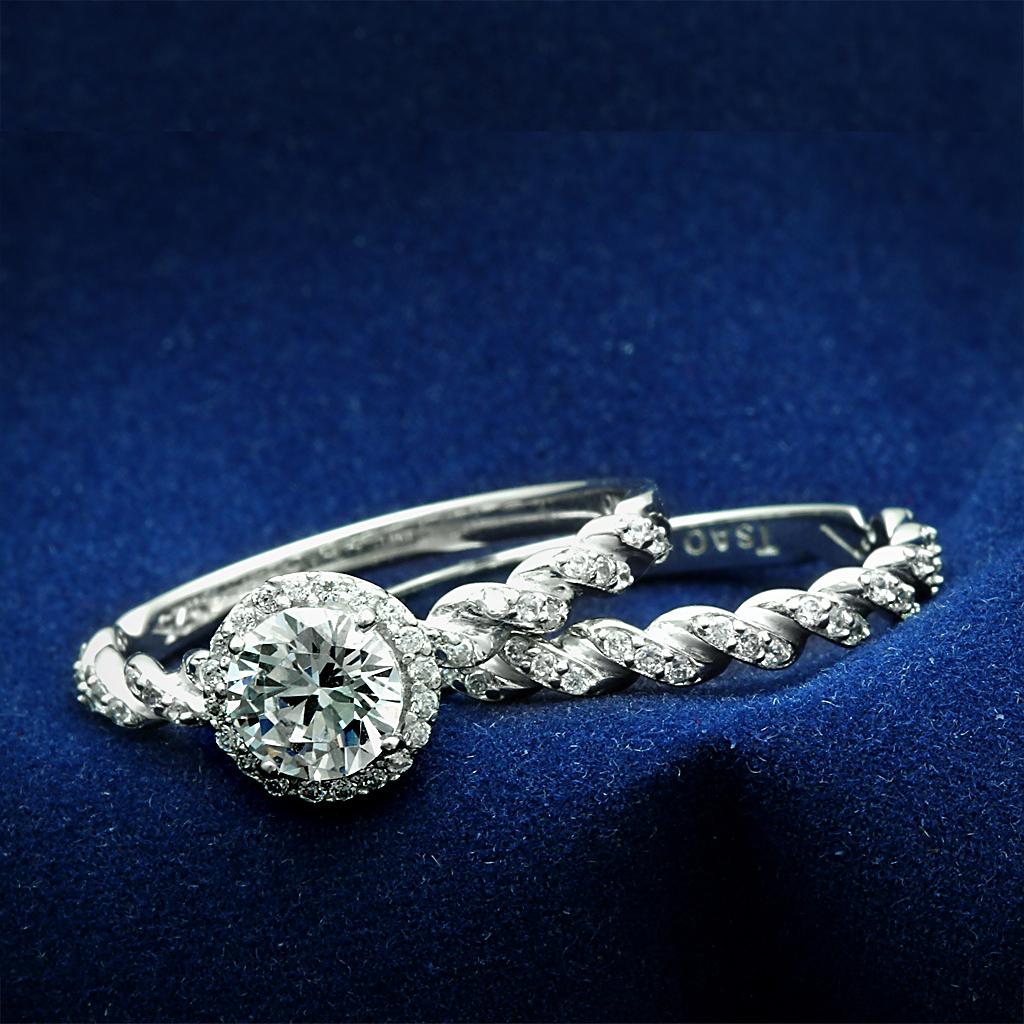 Rhodium 925 sterling silver ring with AAA grade clear cubic zirconia, featuring a sleek design by Alamode.
